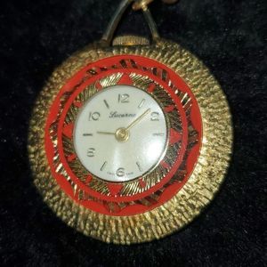 Vintage Mechanical Watch Pendant & Necklace Orange Enamel &‎ Fancy Carved Metal